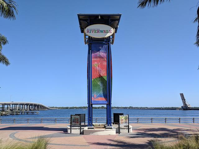 Riverwalk sign tower at Bradenton's Riverwalk plaza on the Manatee River